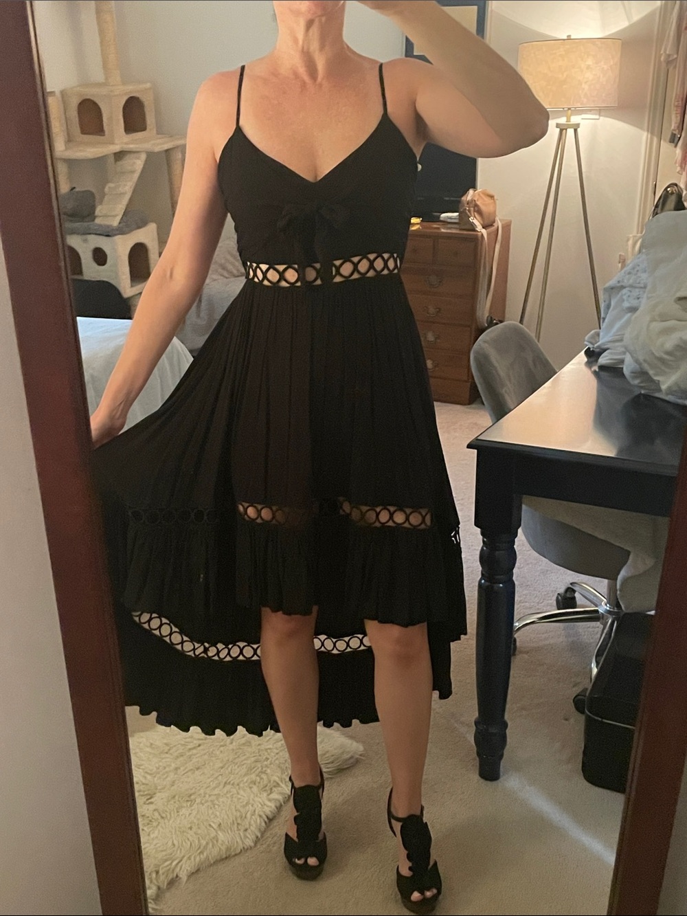 Main Strip Black High-Low Spaghetti Strap Dress with Cutout Detailing